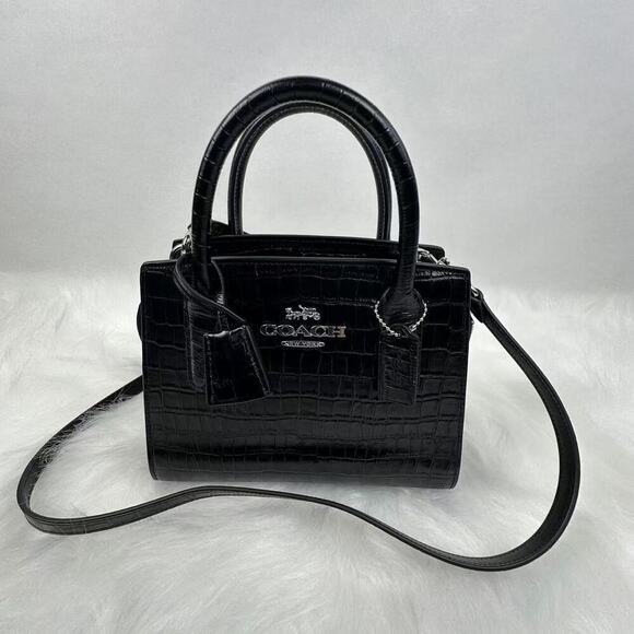 COACH Andrea Carryall Bag Crossbody In Crocodile-embossed Leather CR105 Black - Picture 1 of 10